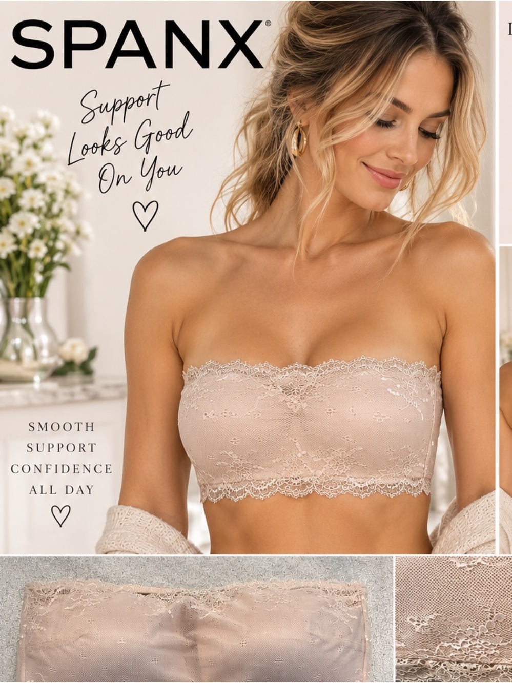 SPANX Undie-Tectable Lace Bandeau Strapless Nude Shapewear Bralette Size L/G/G